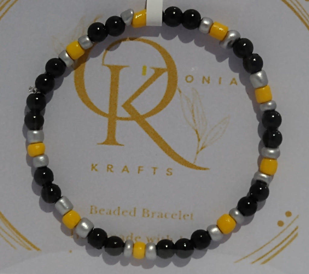 Yellow Stripe, Imitation Pearl mix Beaded Bracelet (Pair)