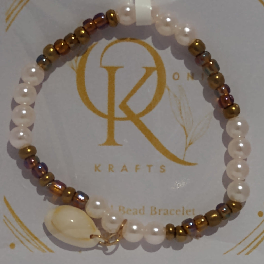 Multi-coloured Pearl Beaded Bracelet: w/Shell Charm  (Pair)