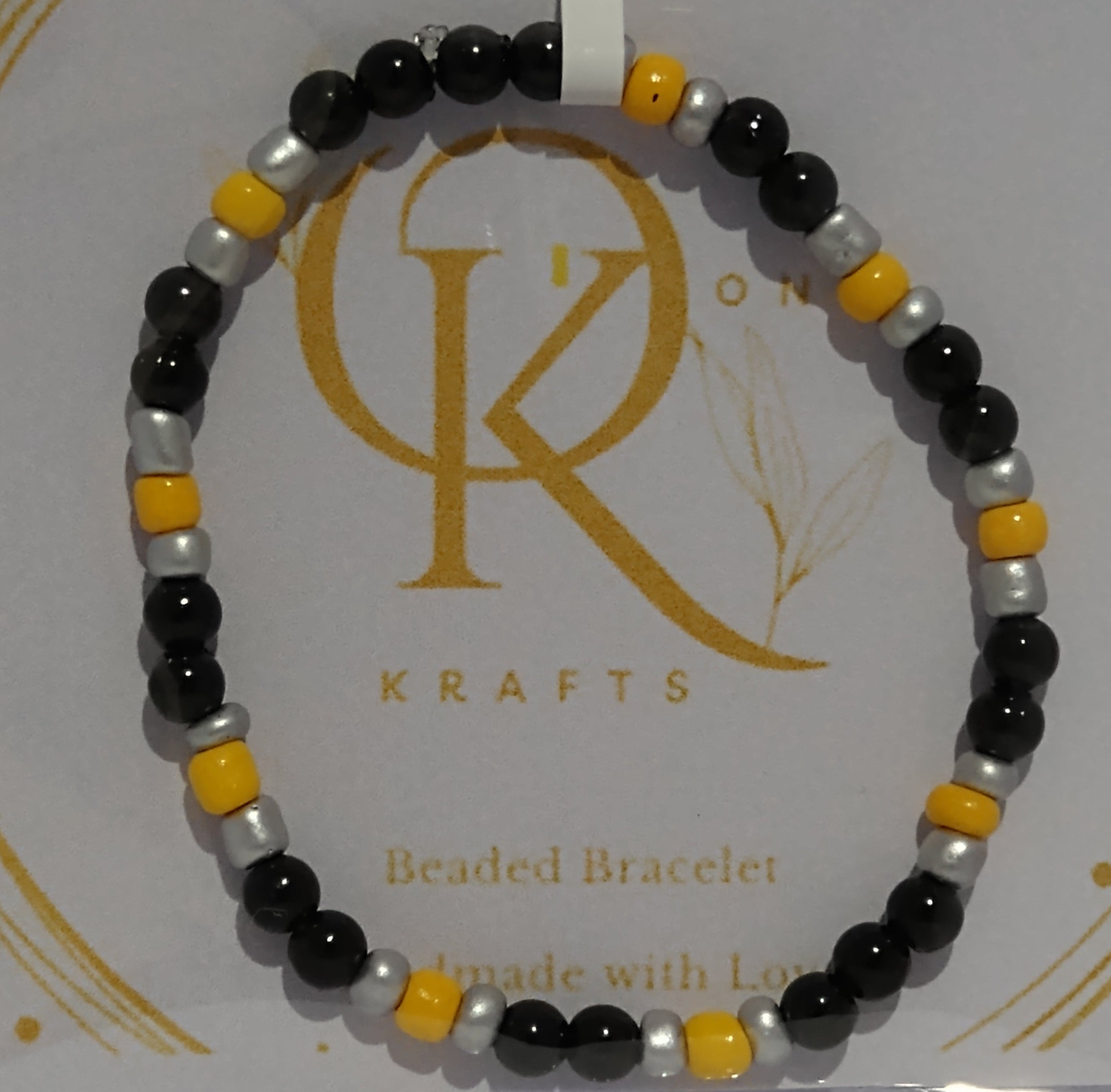 Yellow Stripe, Imitation Pearl mix Beaded Bracelet (Pair)