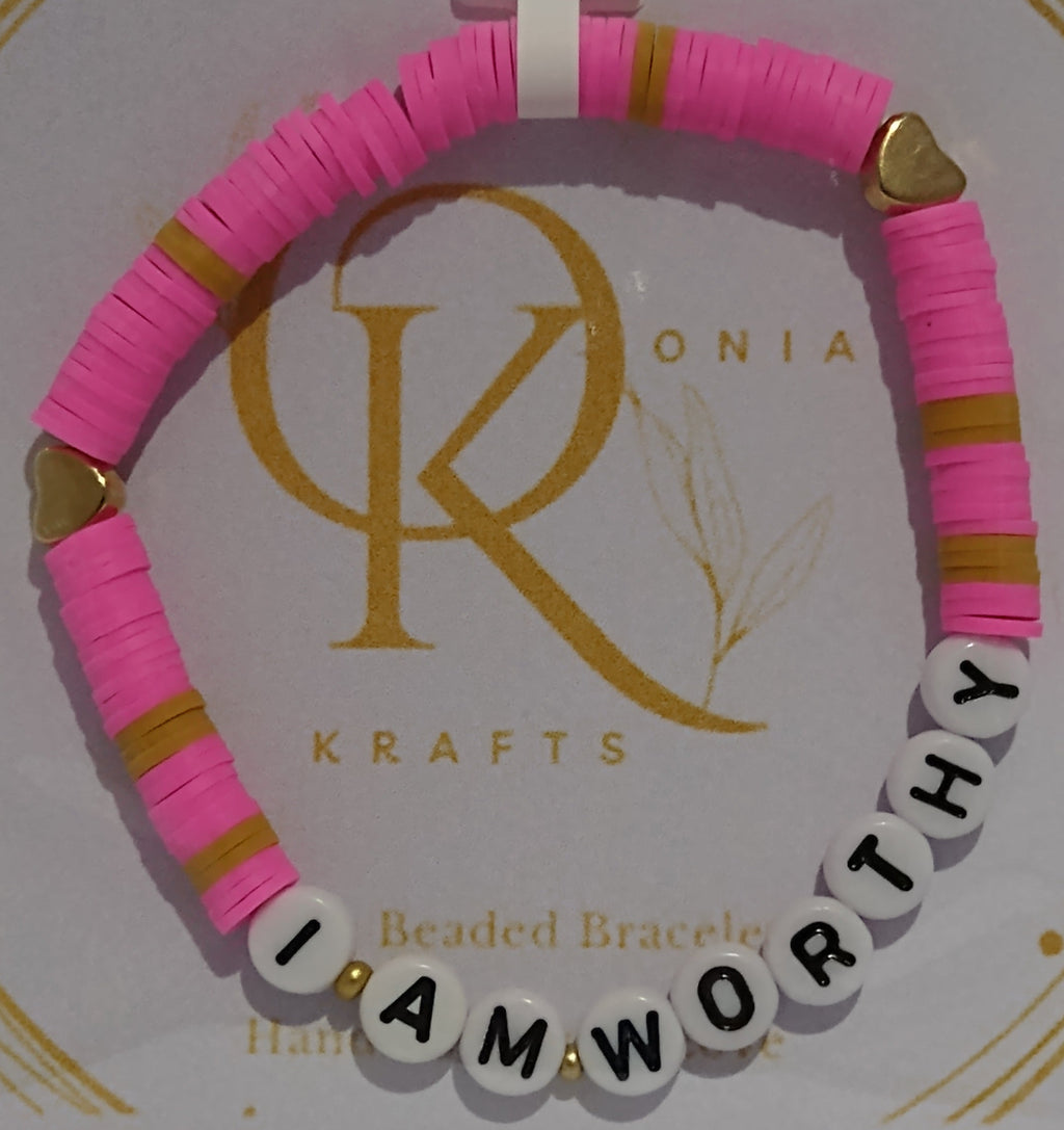 I Am Worthy (Pink n Light Brown) Beaded Bracelet (Single)