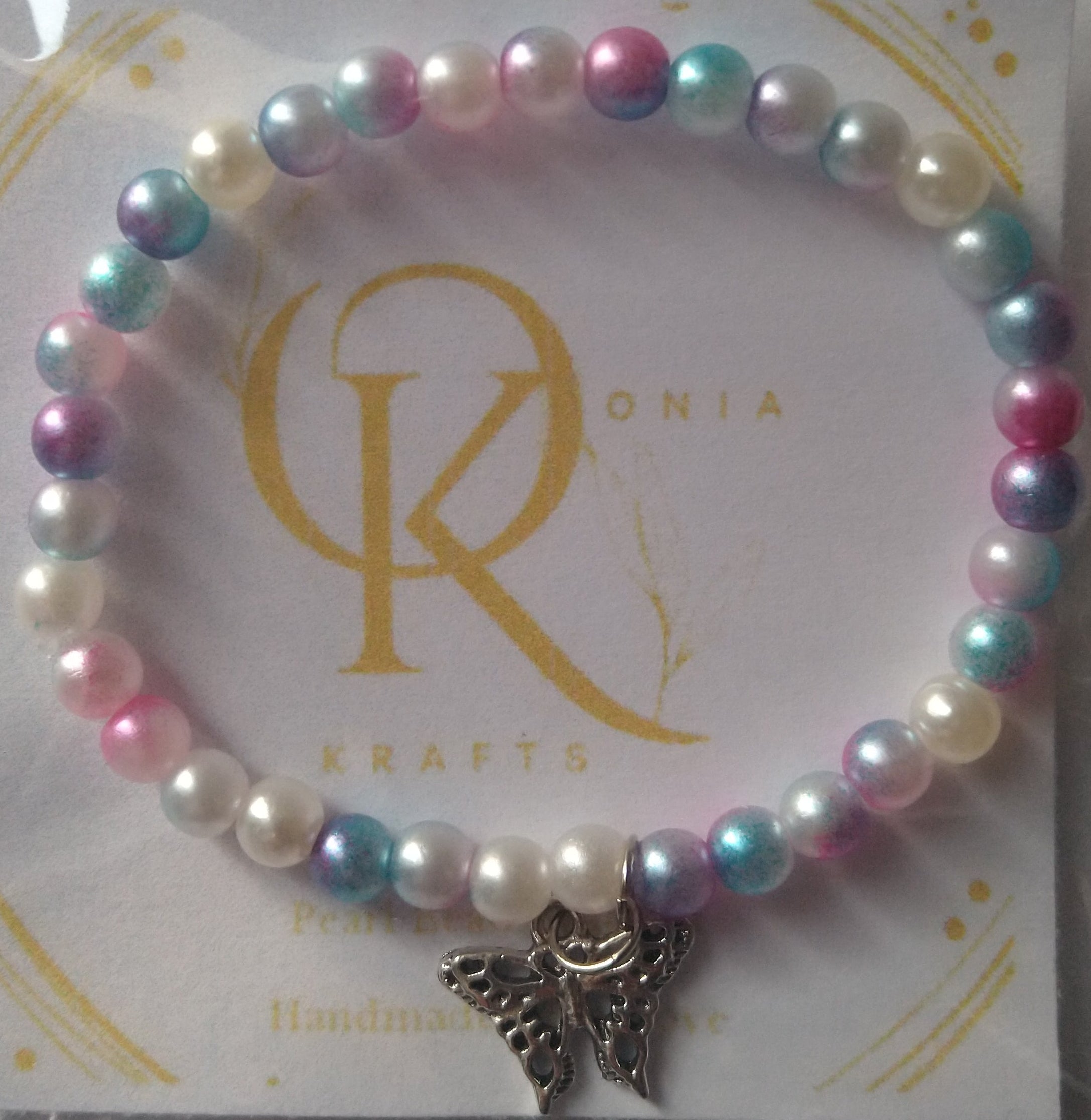 Multicolour -Imitation Pearl Beaded Bracelet: w/Butterfly Charm  (Single)