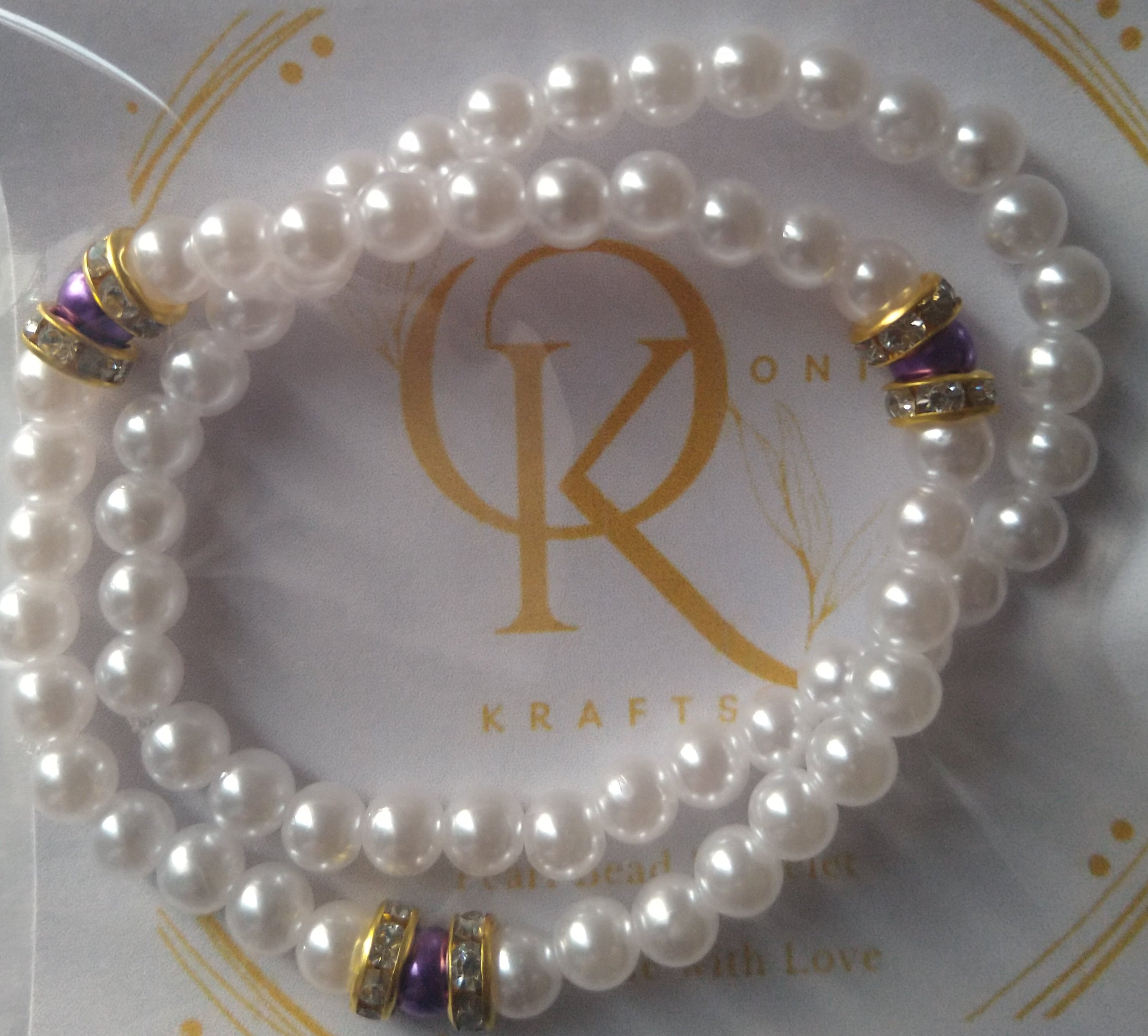 Imitation Pearl Beaded Bracelet: White w/Purple (Pair)
