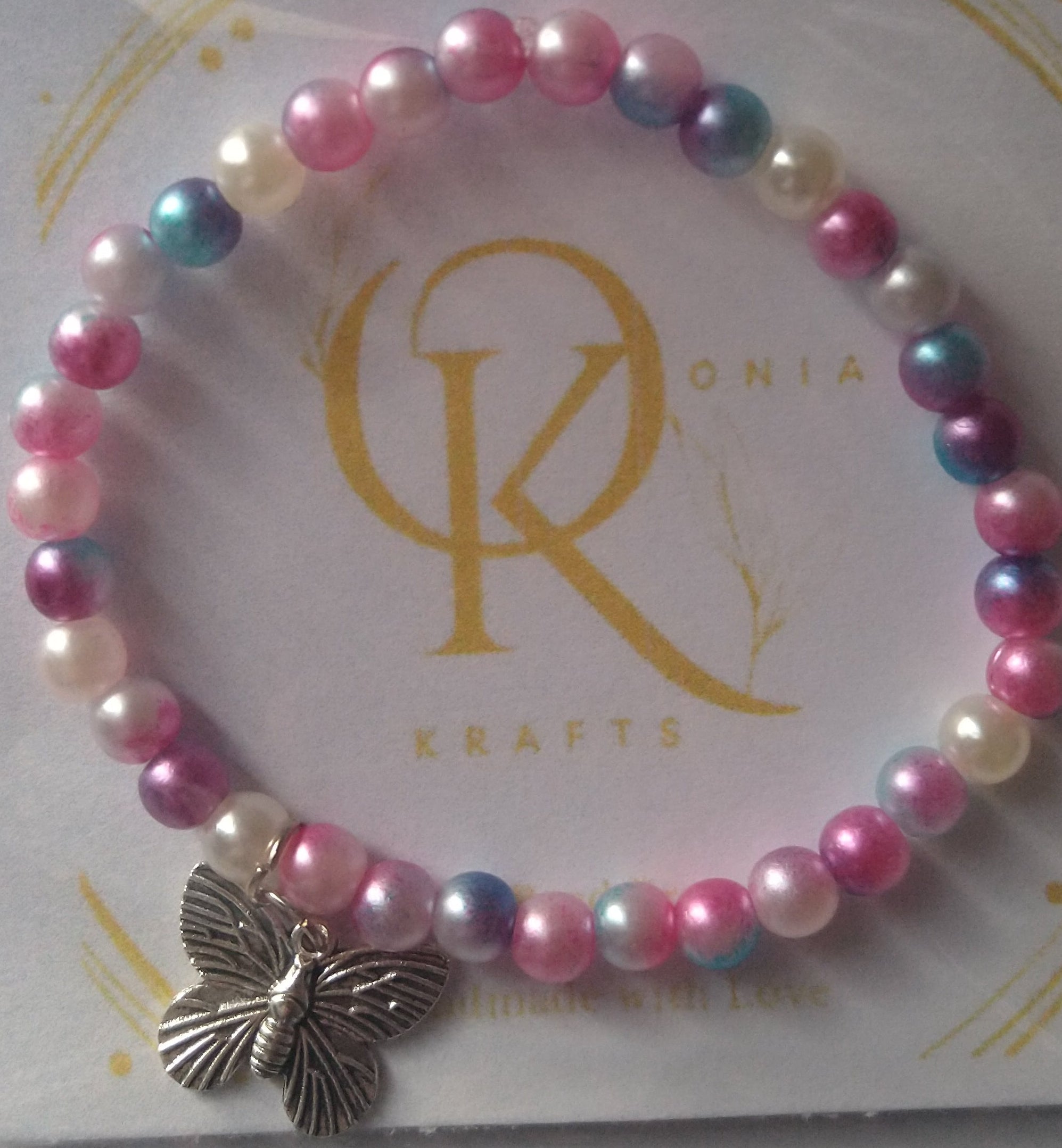 Multicolour 2 -Imitation Pearl Beaded Bracelet: w/Butterfly Charm  (Single)
