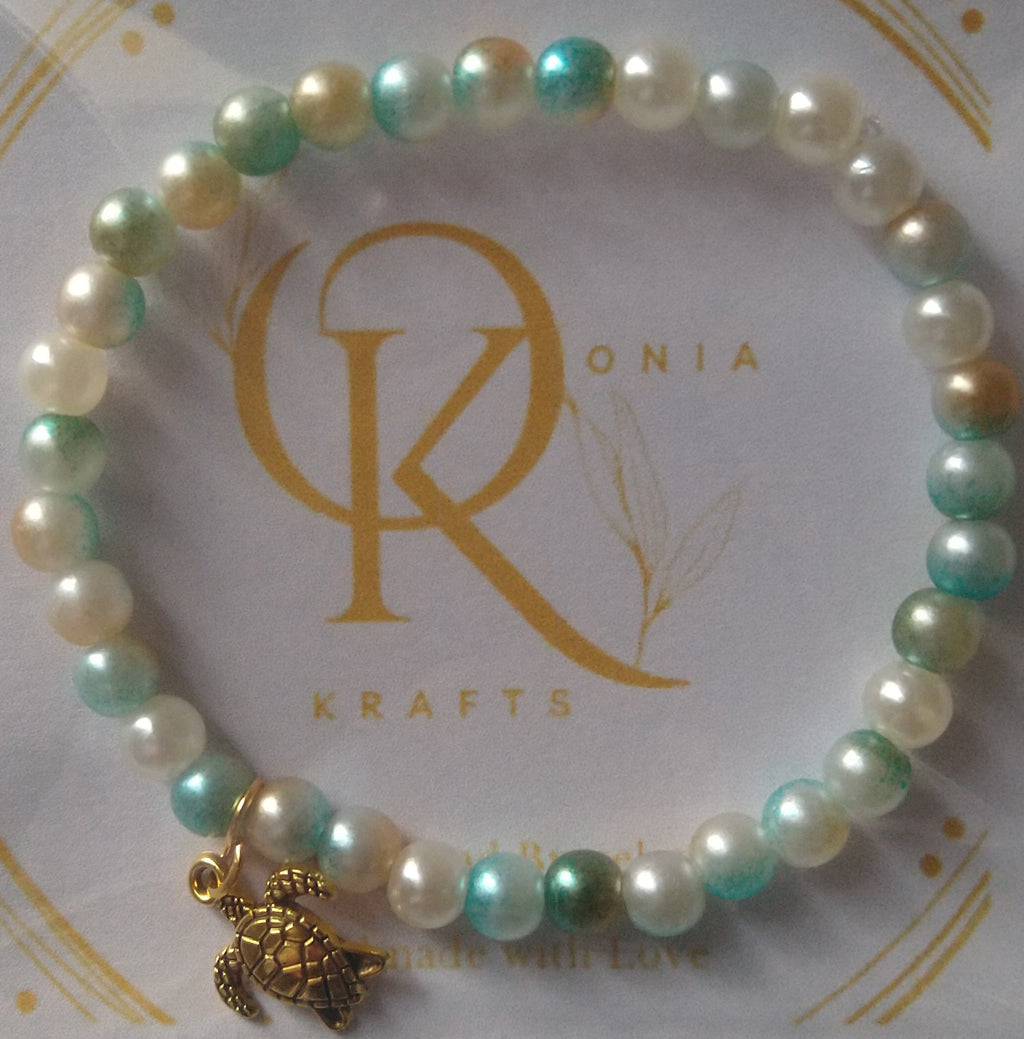 By the Sea -Imitation Pearl Beaded Bracelet: w/Sea Turtle Charm  (Single)