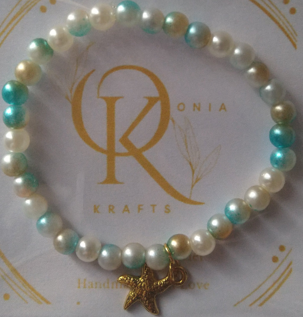 By the Sea -Imitation Pearl Beaded Bracelet: w/Star Fish Charm  (Single)