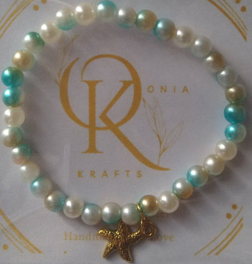 By the Sea -Imitation Pearl Beaded Bracelet: w/Star Fish Charm  (Single)