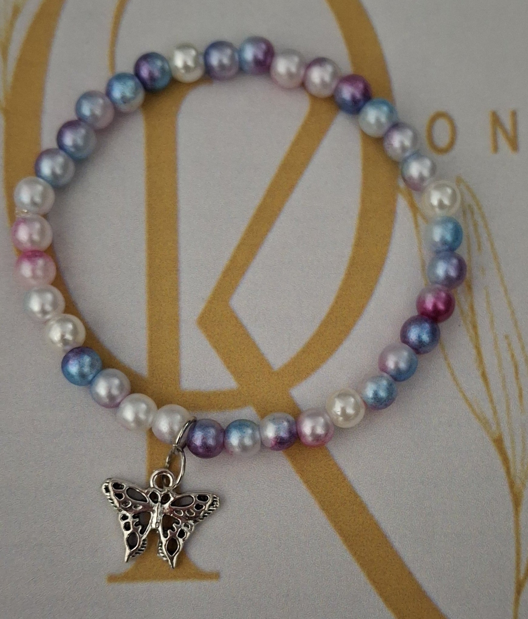 Multicolour -Imitation Pearl Beaded Bracelet: w/Butterfly Charm  (Single)