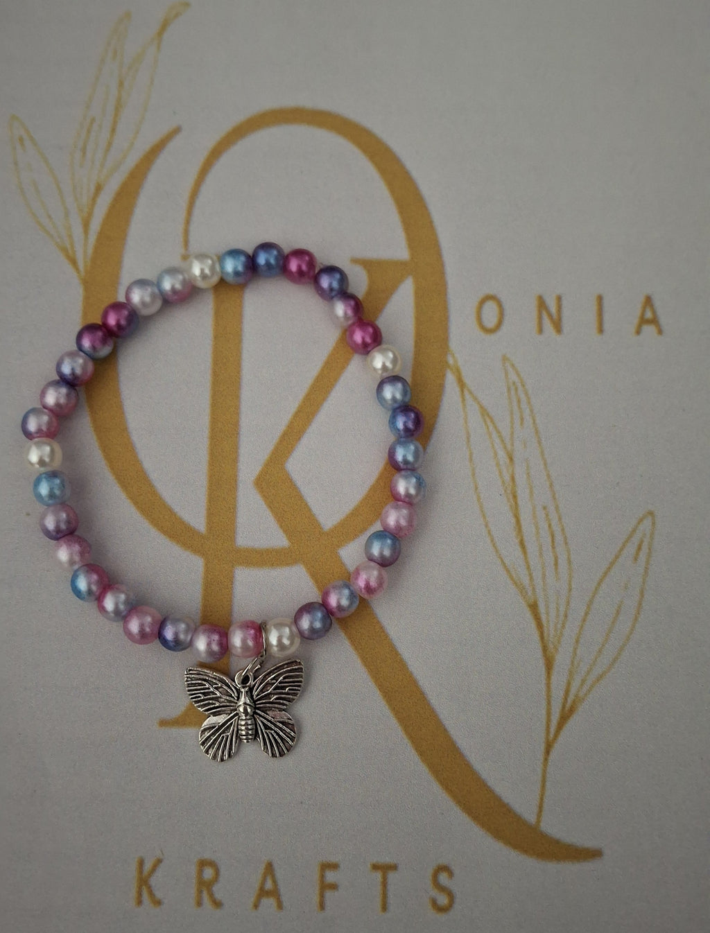 Multicolour 2 -Imitation Pearl Beaded Bracelet: w/Butterfly Charm  (Single)