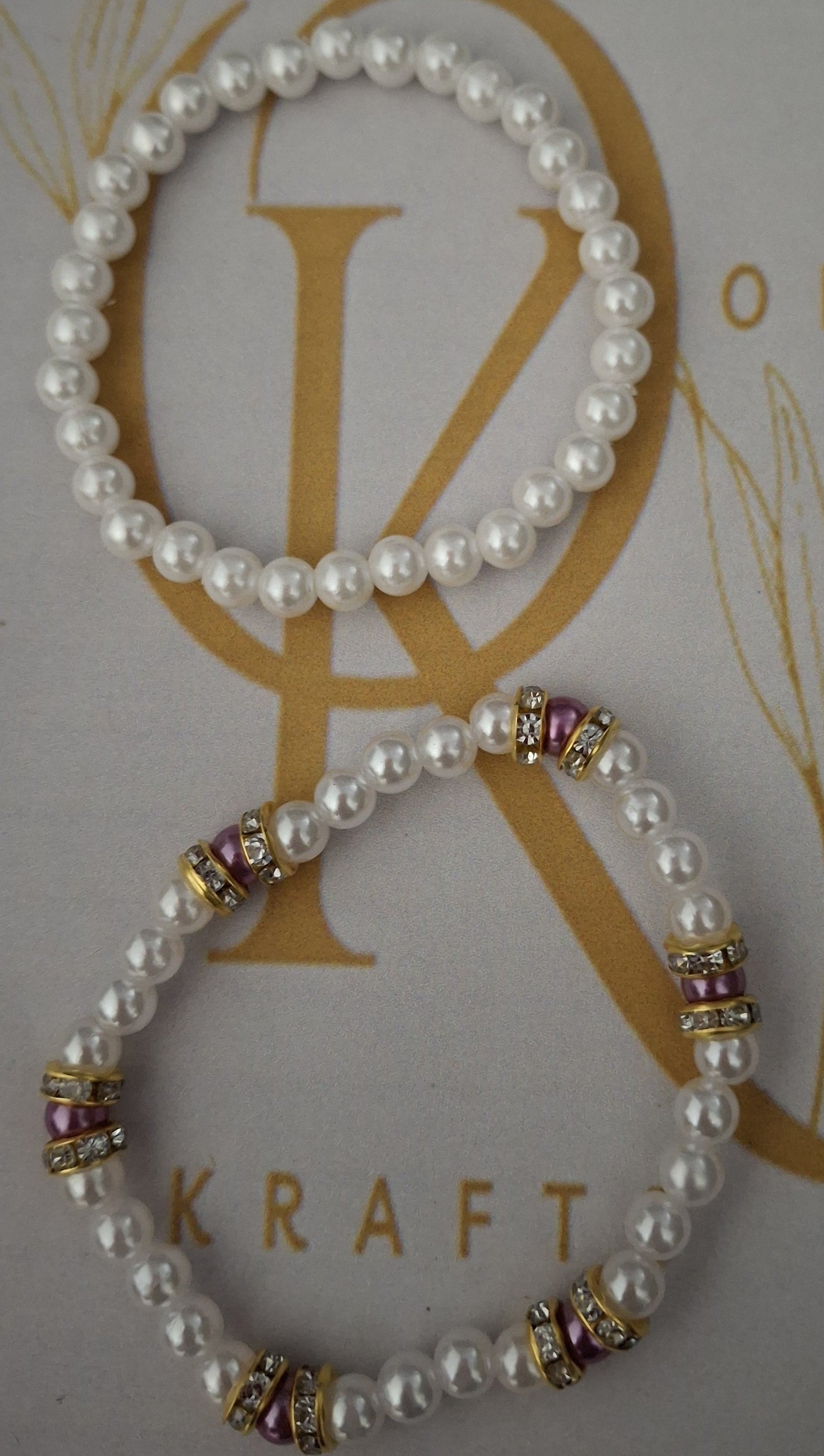 Imitation Pearl Beaded Bracelet: White w/Lilac (Pair)