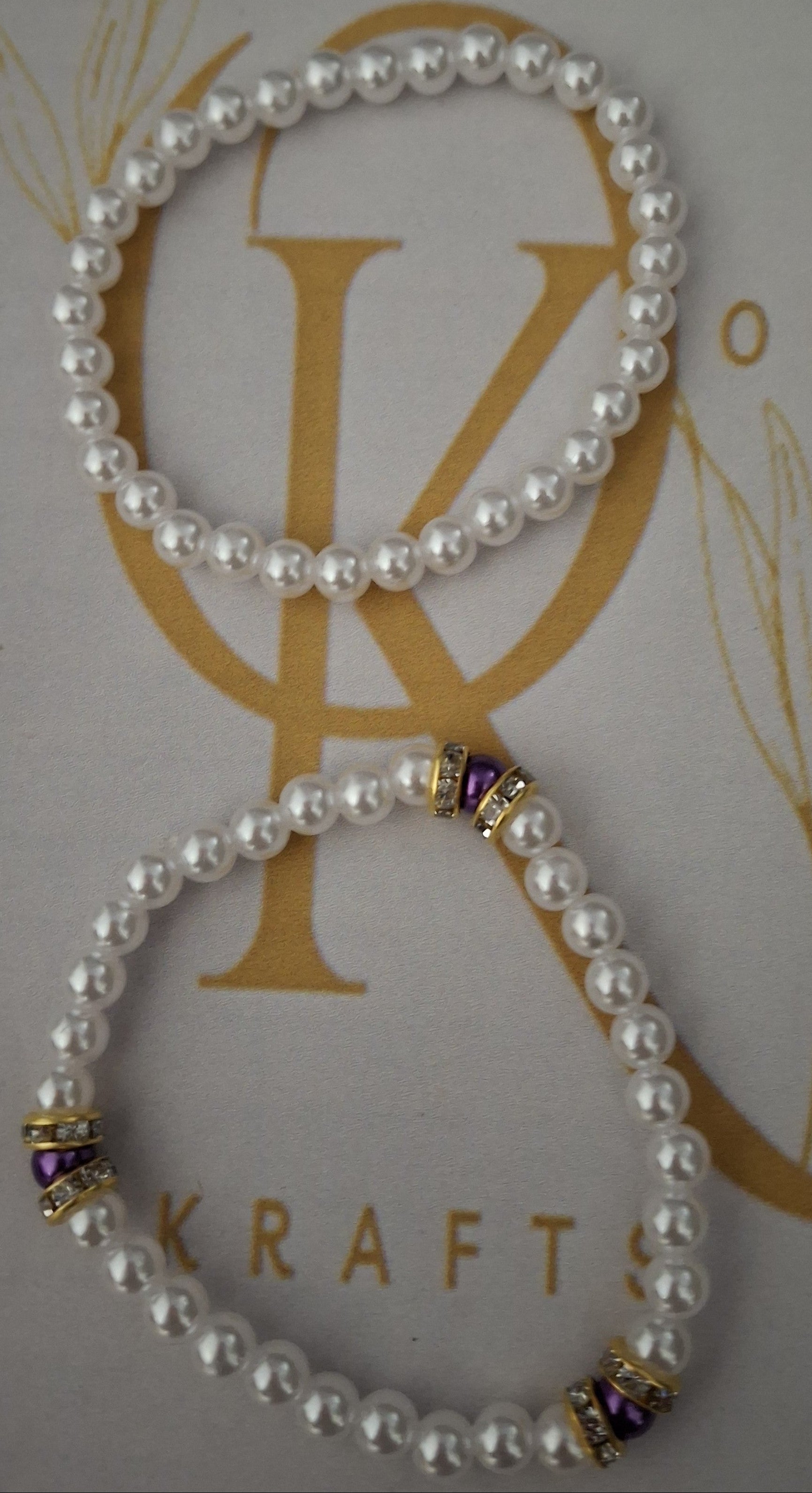 Imitation Pearl Beaded Bracelet: White w/Purple (Pair)