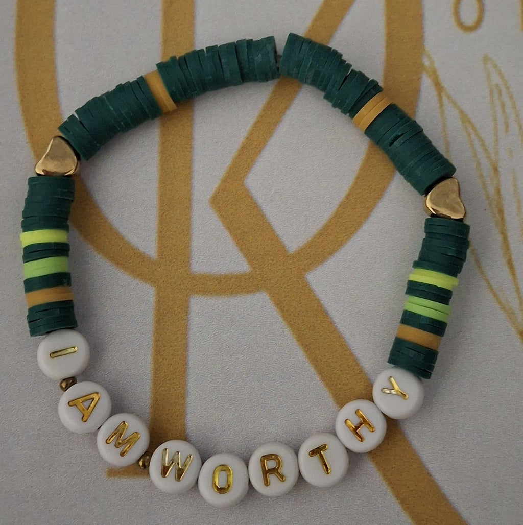 I Am Worthy (Green n Brown) Beaded Bracelet (Single)