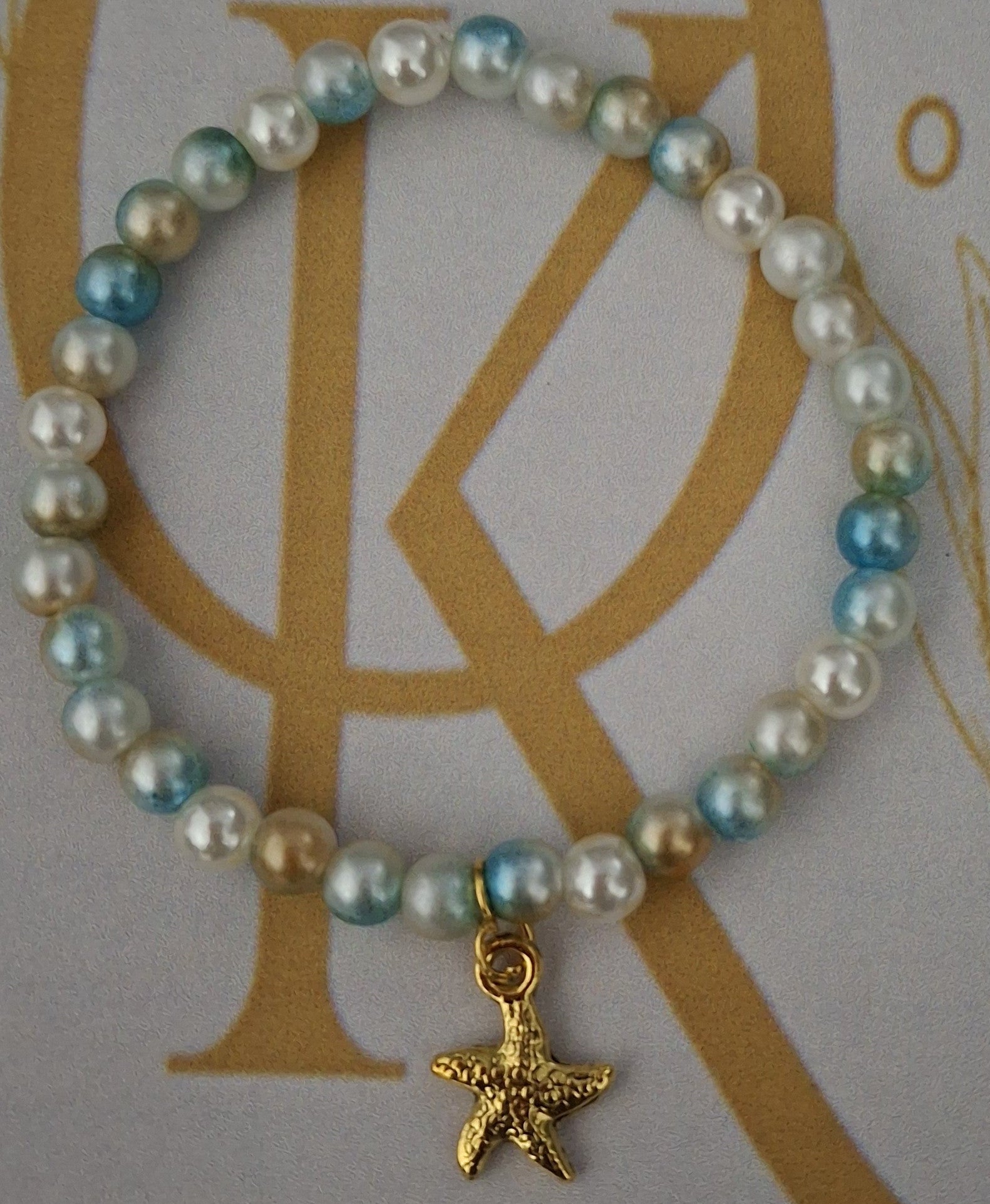 By the Sea -Imitation Pearl Beaded Bracelet: w/Star Fish Charm  (Single)