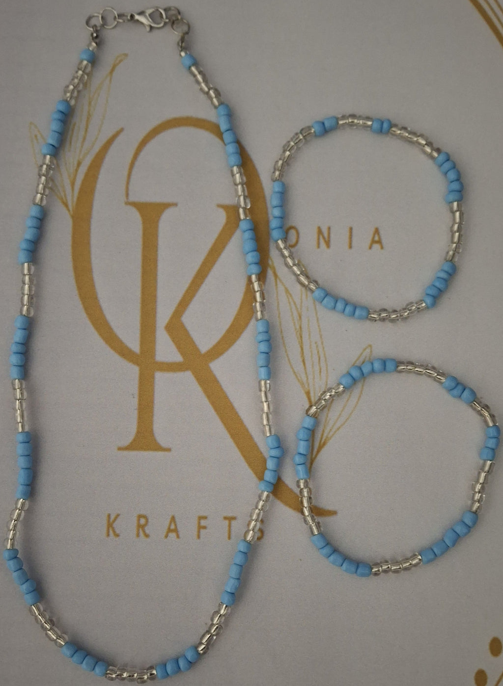 The Clear Blue Beaded Necklace w/ Bracelets (Set)