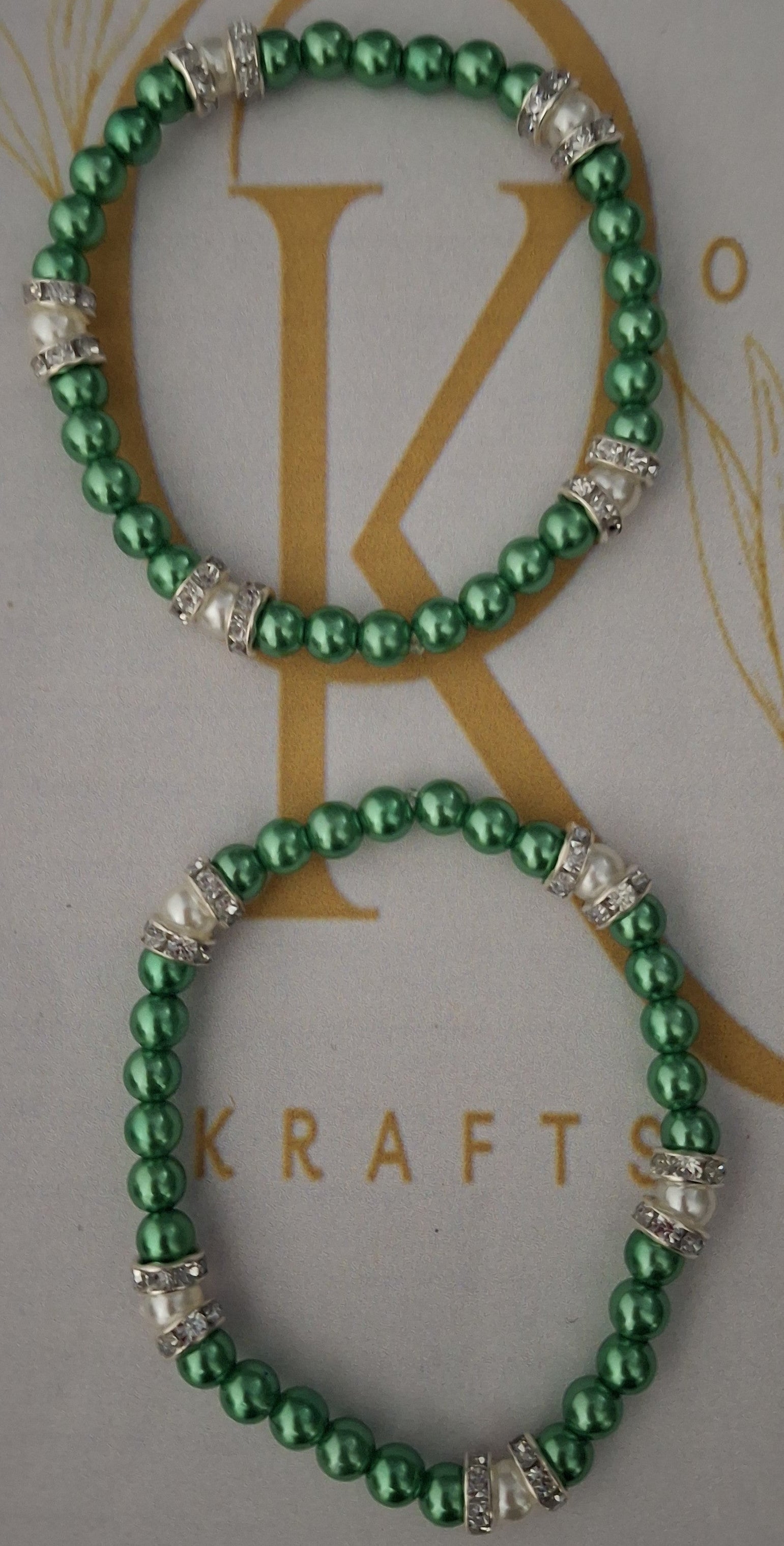 Imitation Pearl Beaded Bracelet: Green w/White (Pair)